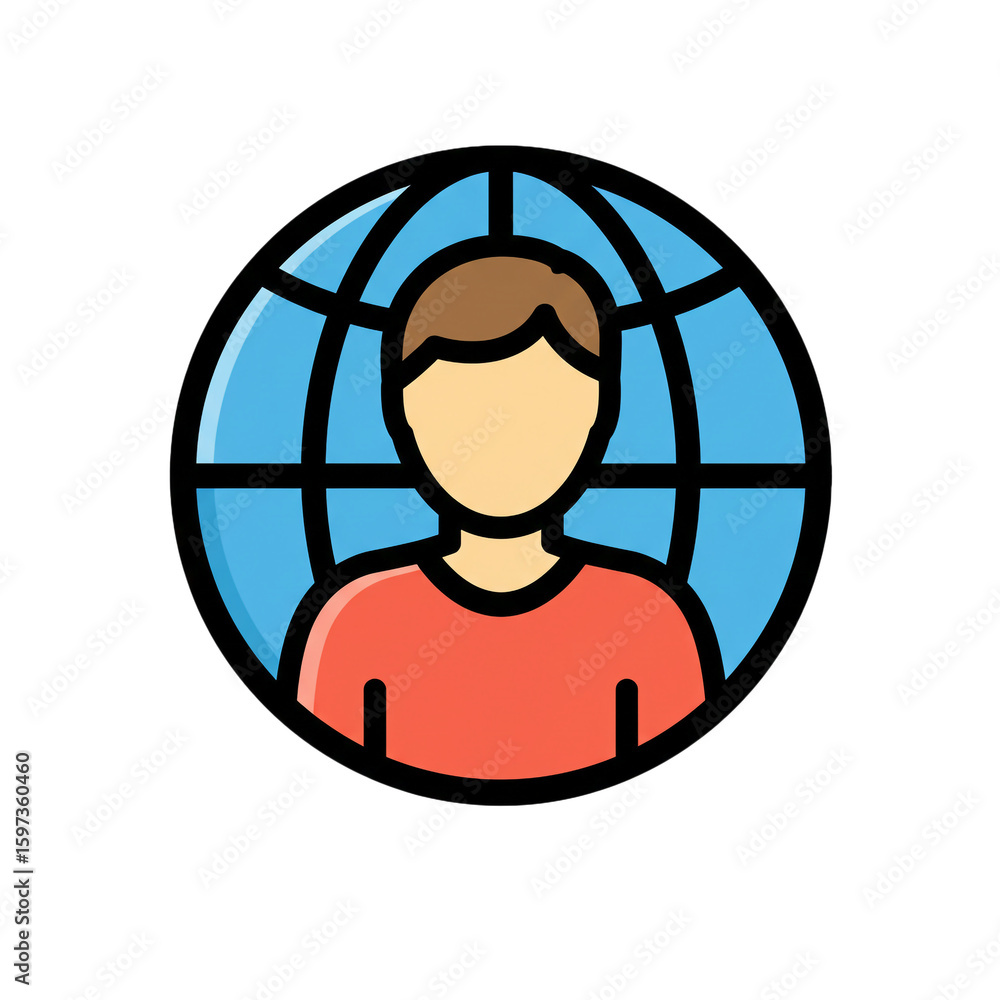 Poster a colorful icon of a user avatar in front of a globe symbolizing global community.