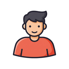 A friendly cartoon boy with dark hair and a red shirt smiles gently in a modern, flat icon style.