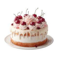 Two-layered vanilla cake, adorned with pink frosting swirls, fresh cherries, and a white chocolate drip.  Presented on a white plate
