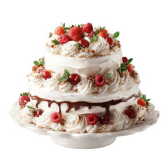 Two-tiered white cake with fresh berries and chocolate drizzle