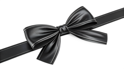 A black silk ribbon is tied into a bow, creating an elegant and decorative element isolated on transparent background