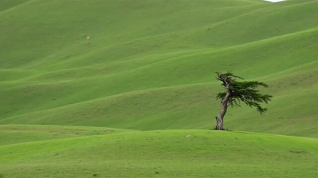 Green nature landscape of a lone tree on a rolling grass hill under a blue sky with clouds,  A quiet, rolling hill with a single, wind-worn tree standing alone in the landscape HD horizontal video foo