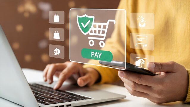 Woman using laptop and phone for secure online shopping with payment icons overlaid