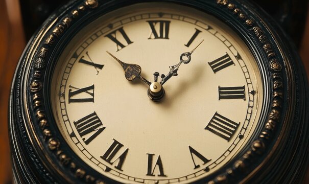 Detailed close-up of an analog metal clock to represent time management, Generative AI