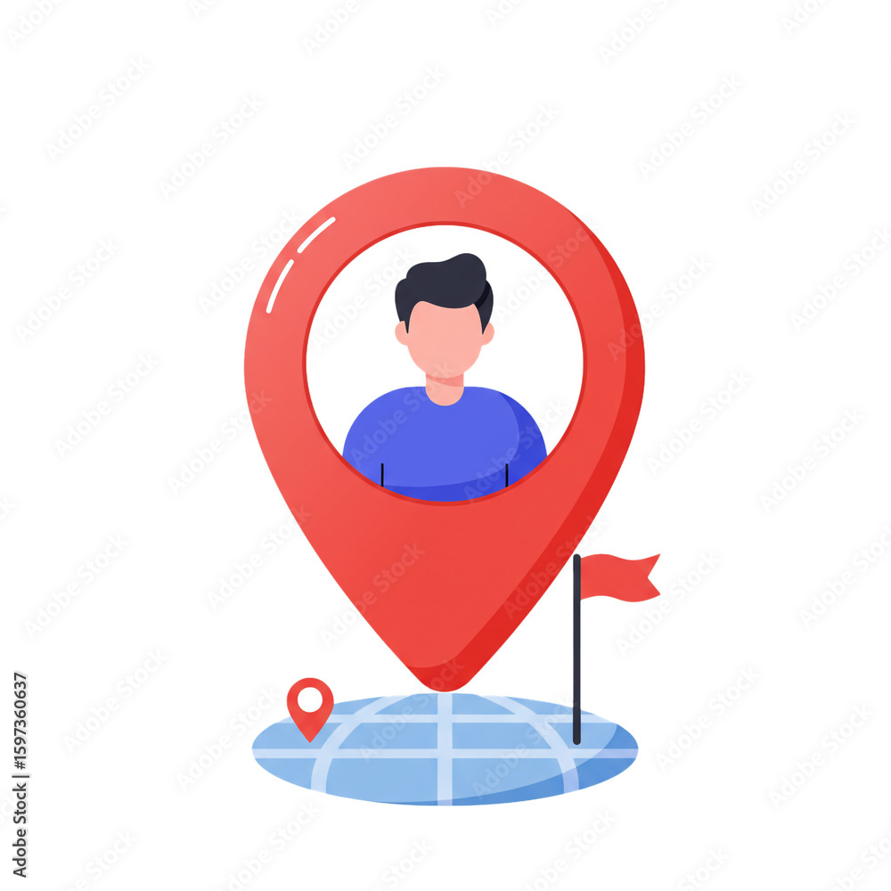 Poster a large red location pin with a user avatar points to a destination on a stylized globe.