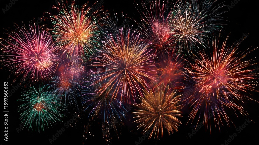 Poster bright fireworks burst in various colors against a dark backdrop, creating a stunning display. the c