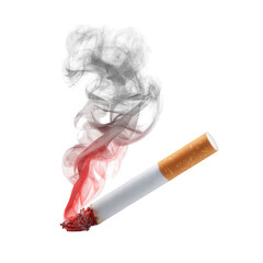 A burning cigarette with swirling grey and red-tinged smoke rising from it, set against a black background