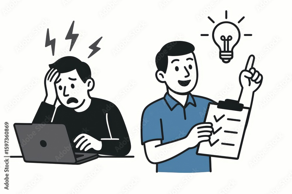 Poster contrasting emotions in productivity represented by a frustrated individual facing challenges with a