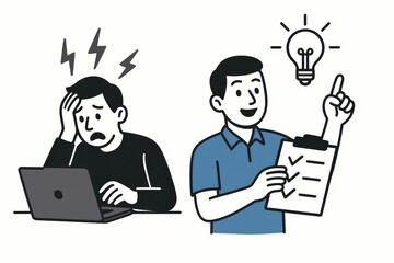 Contrasting Emotions in Productivity Represented by a Frustrated Individual Facing Challenges with a Laptop and a Cheerful Person Holding a Checklist Signifying Clear Solutions