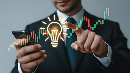 Businessman using smartphone with glowing lightbulb and stock market graph overlay symbolizing innovation and financial success
