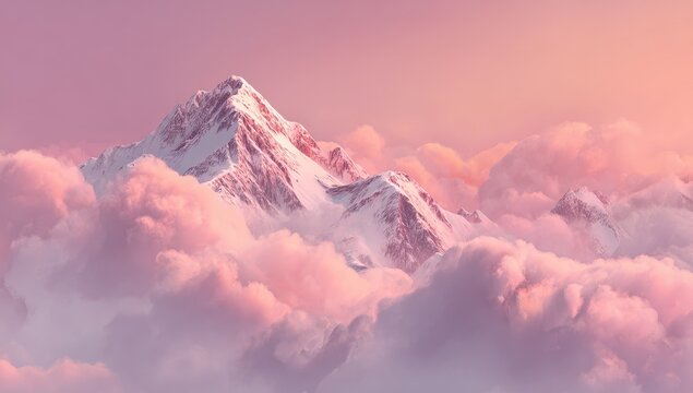 Snowy mountain peak above soft pink clouds at sunrise
