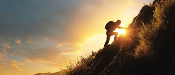 The climber ascending a rocky peak during a breathtaking sunrise.