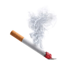 A half-smoked cigarette with a large plume of white smoke billowing from its burning end, set against a black background