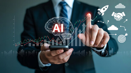Businessman interacting with an ai brain hologram overlayed on a smartphone displaying financial data and business icons
