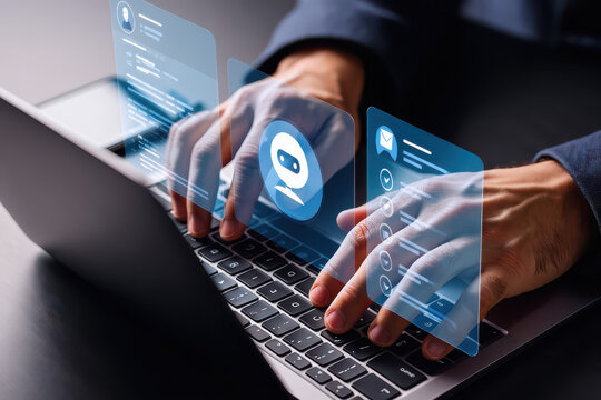 Person typing on a laptop with ai chatbot and email icons displayed in a futuristic interface - Powered by Adobe