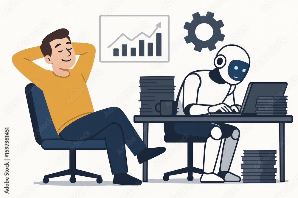 Poster relaxed professional enjoying a moment of leisure while a robotic assistant diligently works on comp
