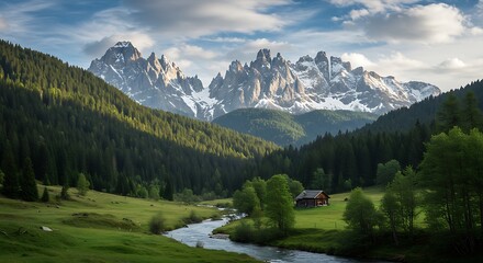 A stunning mountain landscape features a winding river flowing through a green valley, leading to a quaint cabin nestled amidst towering, snowdusted peaks under a cloudy sky