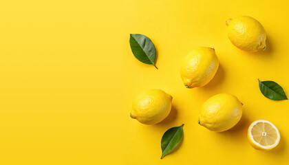 Fresh lemon with green leaves on yellow wallpaper background with space for text
