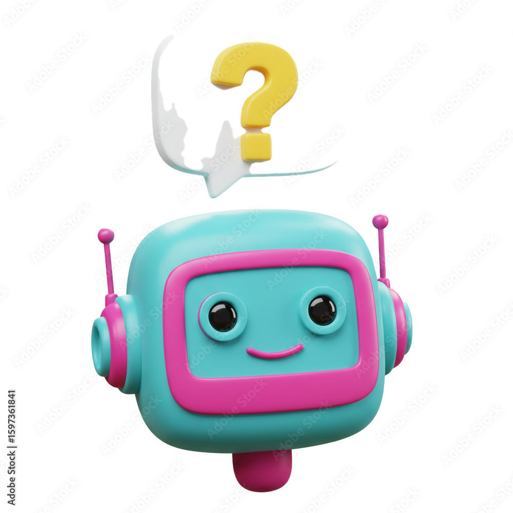 Poster a cheerful robotic assistant with a question mark icon symbolizes online help and support.