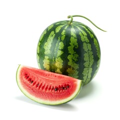 Fresh watermelon with vibrant red flesh and green rind displayed on a clean white background for culinary inspiration, water melon isolated on white background