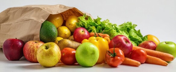 The assortment of fresh vegetables and fruits spilling from a paper bag.