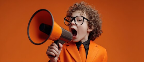 The confident child with a megaphone in a vibrant orange outfit.