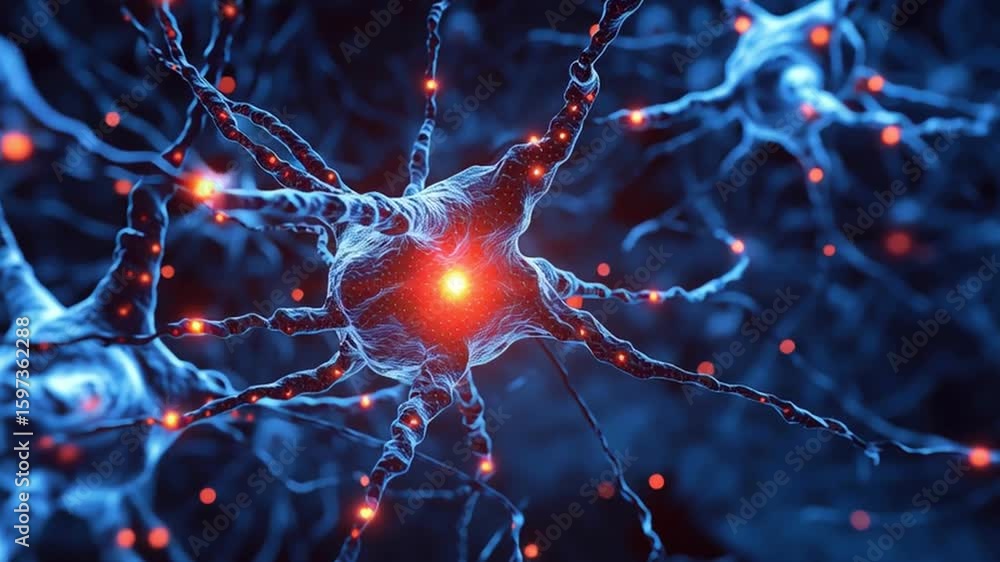 Poster neural network with glowing synapses transmitting signals and electric impulses blue and orange colo