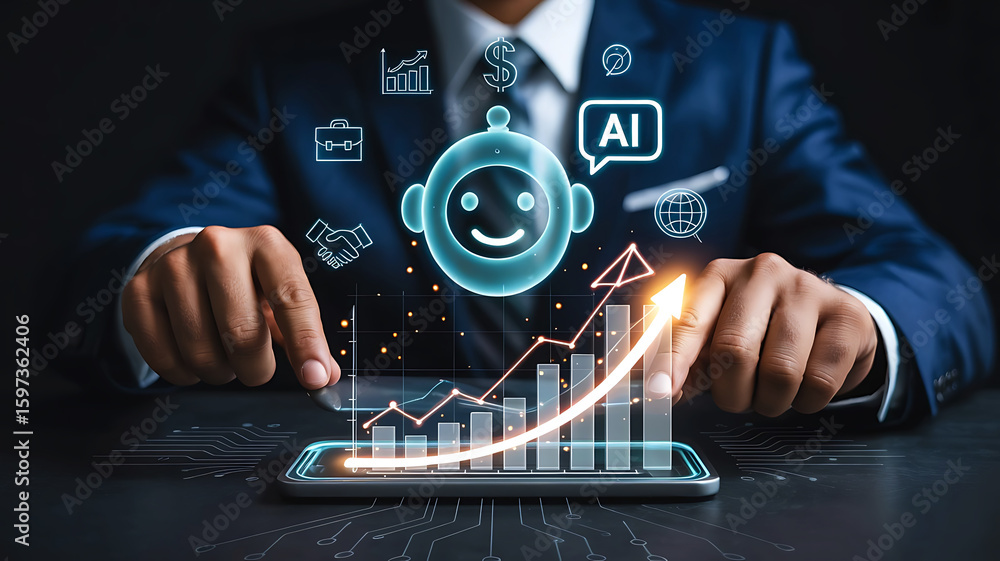 Poster businessman interacting with futuristic ai chatbot interface displaying upward financial growth char