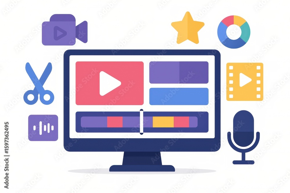 Poster creative digital workspace showcasing video editing tools and techniques, emphasizing visual storyte