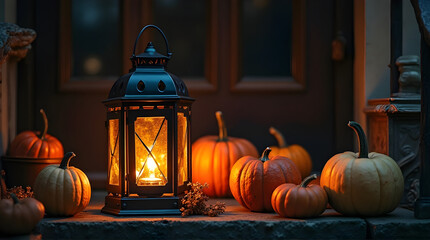 Obraz premium A lantern and pumpkins arranged on steps near a front door