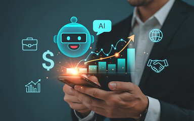 Businessman using smartphone with glowing ai chatbot and financial growth chart overlay symbolizing digital business success