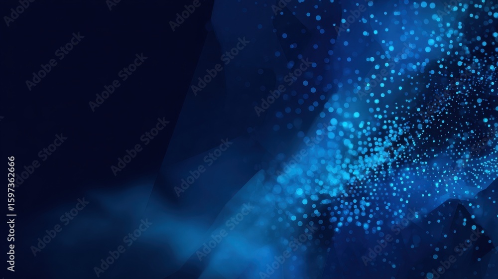 Poster bright blue particles create a captivating visual effect in a dark background. the flowing waves and
