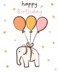 Cute Birthday Background, Elephant with Balloons, Hand Drawn, Doodle, Simple Background with Elephant and Confetti, Happy Birthday Background, Vector