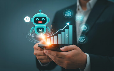 Businessman holding smartphone with ai robot growing financial chart and technology icons symbolizing digital transformation