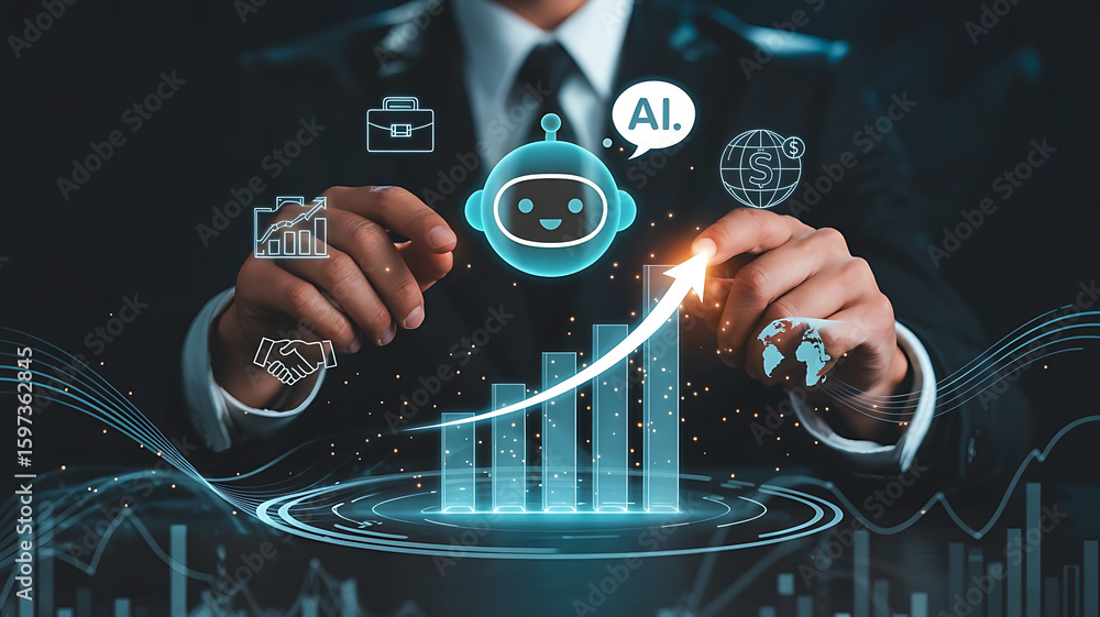 Poster businessman interacting with futuristic ai interface displaying upward trending data and technology 