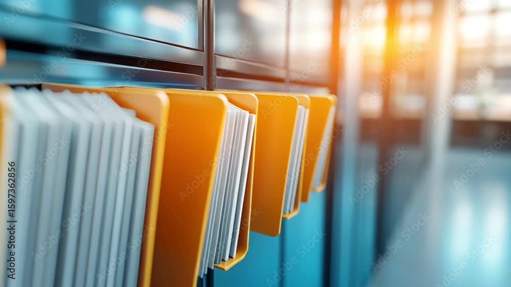 Poster yellow file folder with documents in office cabinet and organized paper for efficient organization i