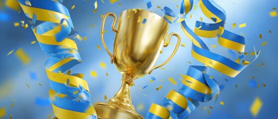 The golden trophy surrounded by vibrant blue and yellow ribbons and confetti.