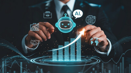 Businessman interacting with futuristic ai interface displaying upward trending data and technology icons