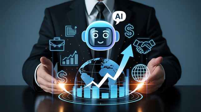 Businessman holding a futuristic holographic display of artificial intelligence and global financial growth with digital icons