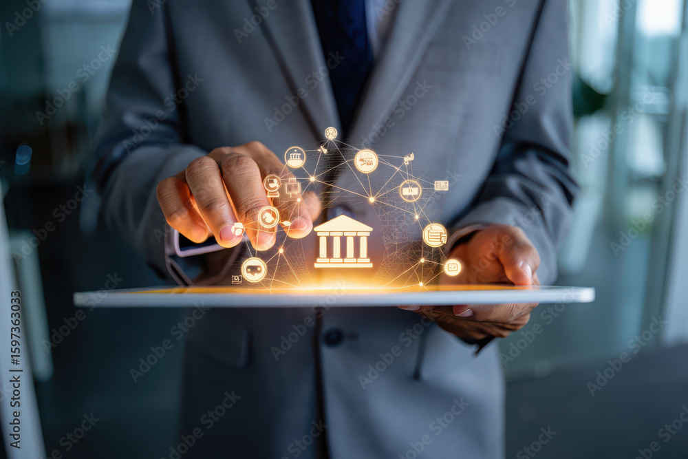 Poster man in suit holding tablet with glowing bank icon and connected digital network interface overlayed
