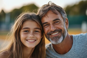 Fototapeta premium Happy father and teenage daughter looking at the camera outdoors at a basketball court, celebrating family sports and bonding through physical activity, Generative AI