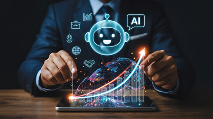 Businessman interacting with an ai chatbot and a rising financial graph symbolizing business growth and technology