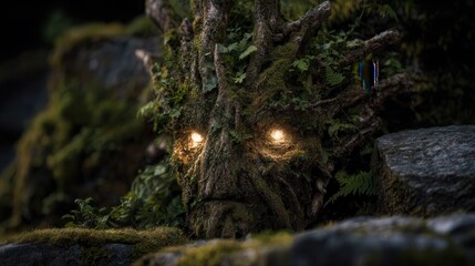 Mysterious tree spirit with glowing eyes hiding among rocks and ferns in a serene forest setting during twilight