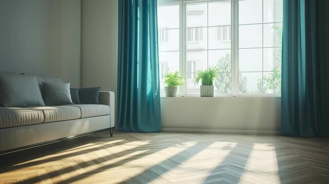 Sunlight streaming through large window with blue curtains in cozy living room featuring sofa and wooden floor creating calm and inviting atmosphere