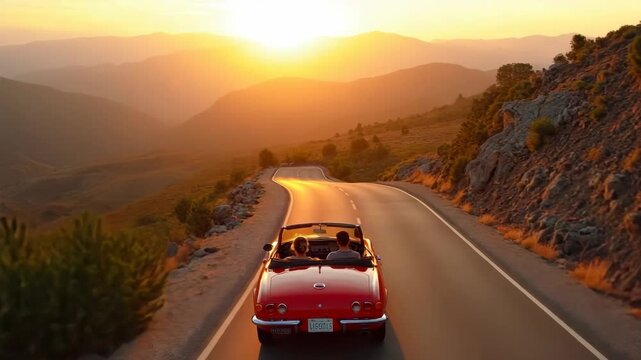 Amazing epic inspiring travel drone aerial shot following red convertible car with friends on empty mountain scenic road driving into sunset, concept tourism destination and summer.
