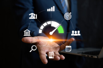 A hand holding a speedometer with business icons floating above it in a dark and professional setting