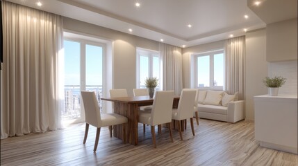 Fototapeta premium A spacious dining area features a wooden table surrounded by white chairs, with large windows showcasing a bright city skyline. Natural light floods the room.