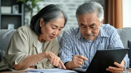 Elderly couple senior man woman at home managing finance using tablet reviewing documents focused smiling teamwork care budget planning calculator - Powered by Adobe