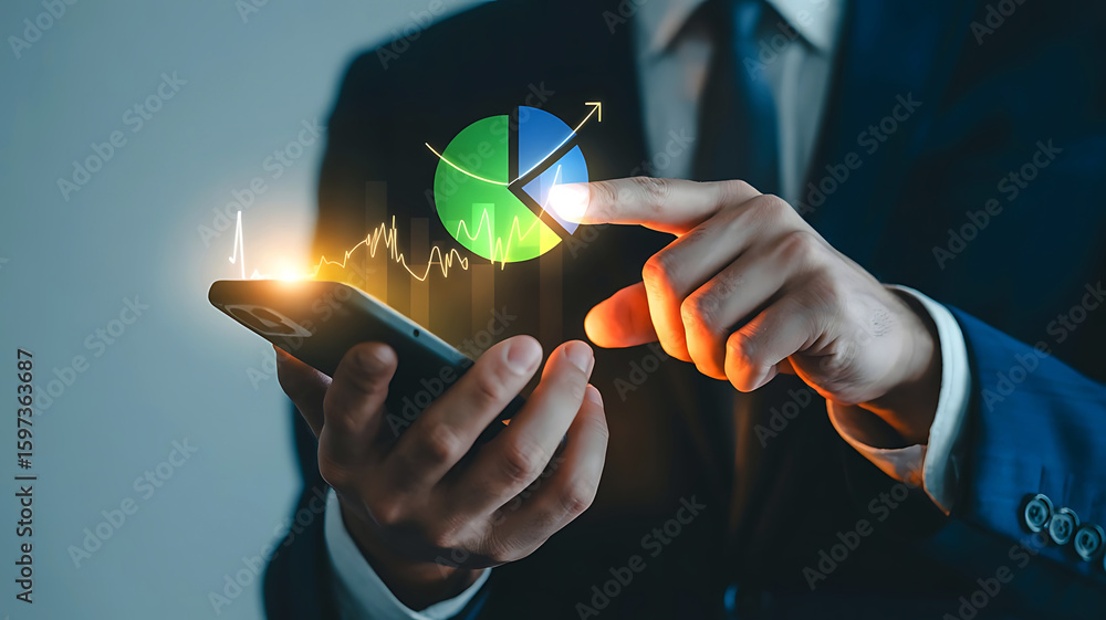 Poster businessman analyzing a glowing 3d pie chart projected from a smartphone screen in a modern office s
