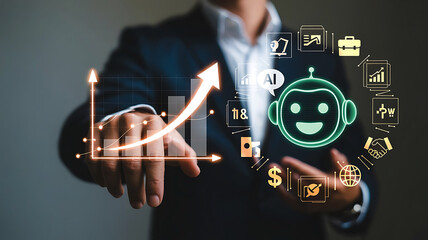 Businessman interacting with futuristic holographic interface displaying growth chart and ai chatbot with financial icons